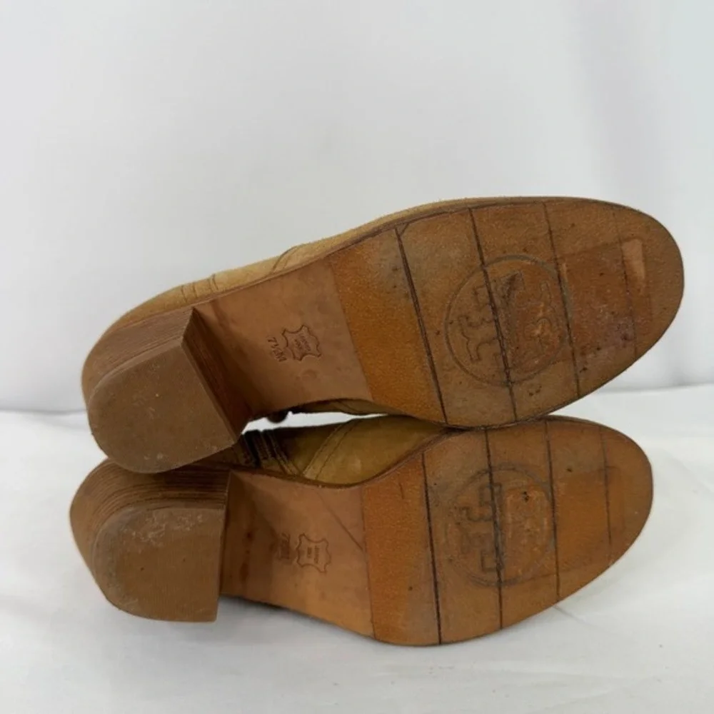 Tory Burch Sabe Tan Suede Ankle Boots Leather Sole Block Heel Brazil 7.5M‎